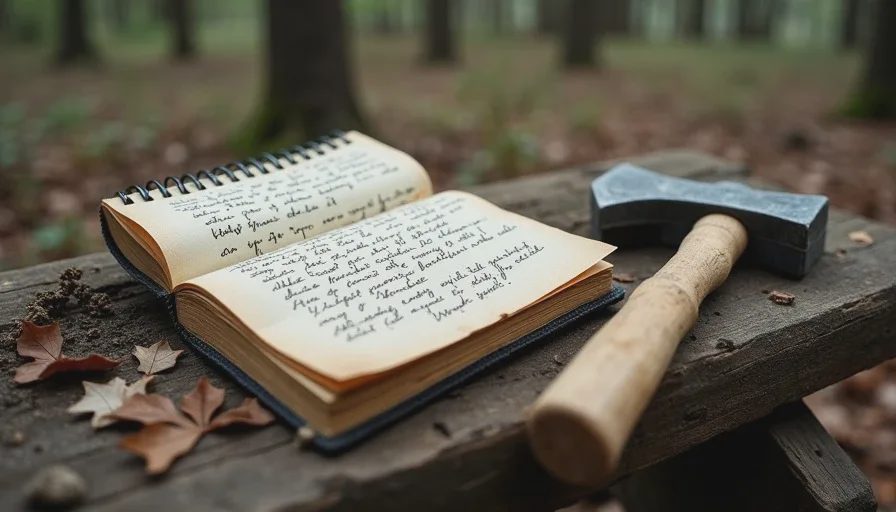 Field notes for first-night survival priorities Open weatherproof notebook with handwritten survival notes next to basic stone axe on crafting table