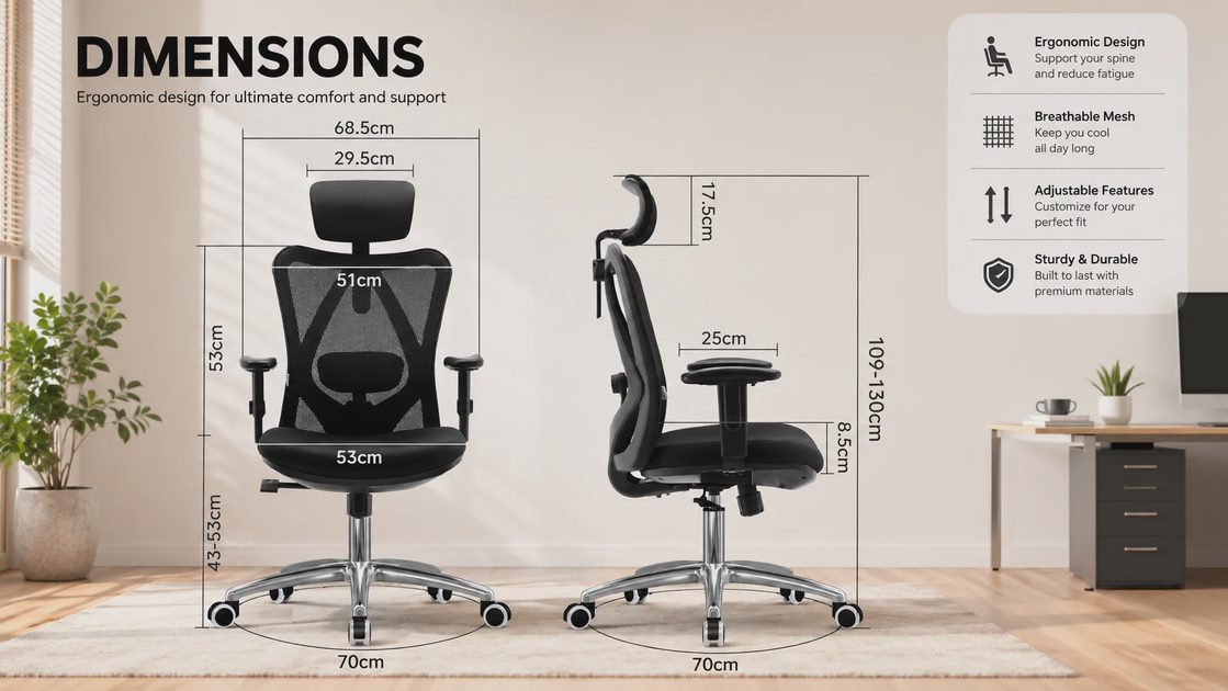 SIHOO M18 Full Dimensions and Specifications SIHOO M18 chair full dimensions diagram with front and side views, seat height 43-53cm, total height 109-130cm, base 70cm, seat width 53cm