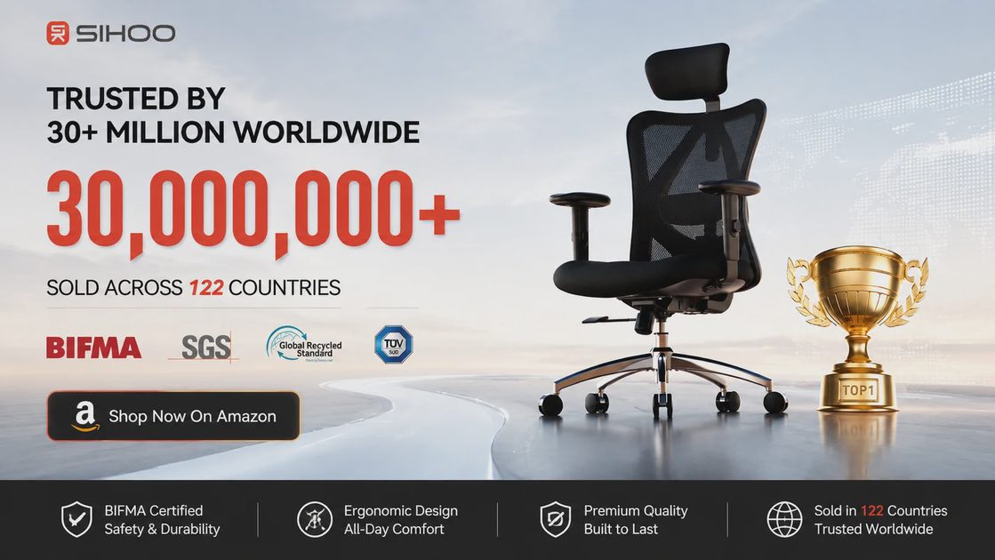 SIHOO M18 — Trusted by 30+ Million Users Worldwide SIHOO M18 ergonomic chair brand trust banner showing 30+ million users worldwide, 122 countries, BIFMA and SGS certifications, with Shop Now on Amazon button