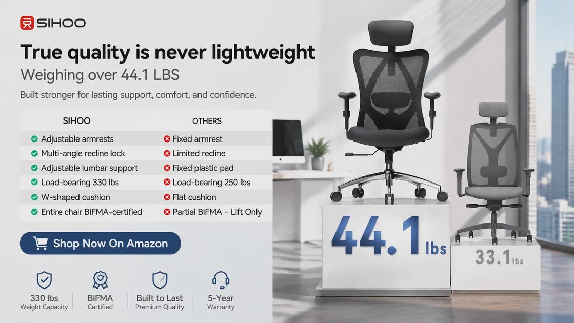 SIHOO M18 vs Competitors — Build Quality and Feature Comparison SIHOO M18 vs competitors comparison infographic showing 44.1 lbs weight, adjustable armrests, multi-angle recline, adjustable lumbar, 330 lbs capacity, W-shaped cushion, and full BIFMA certification versus competitor limitations
